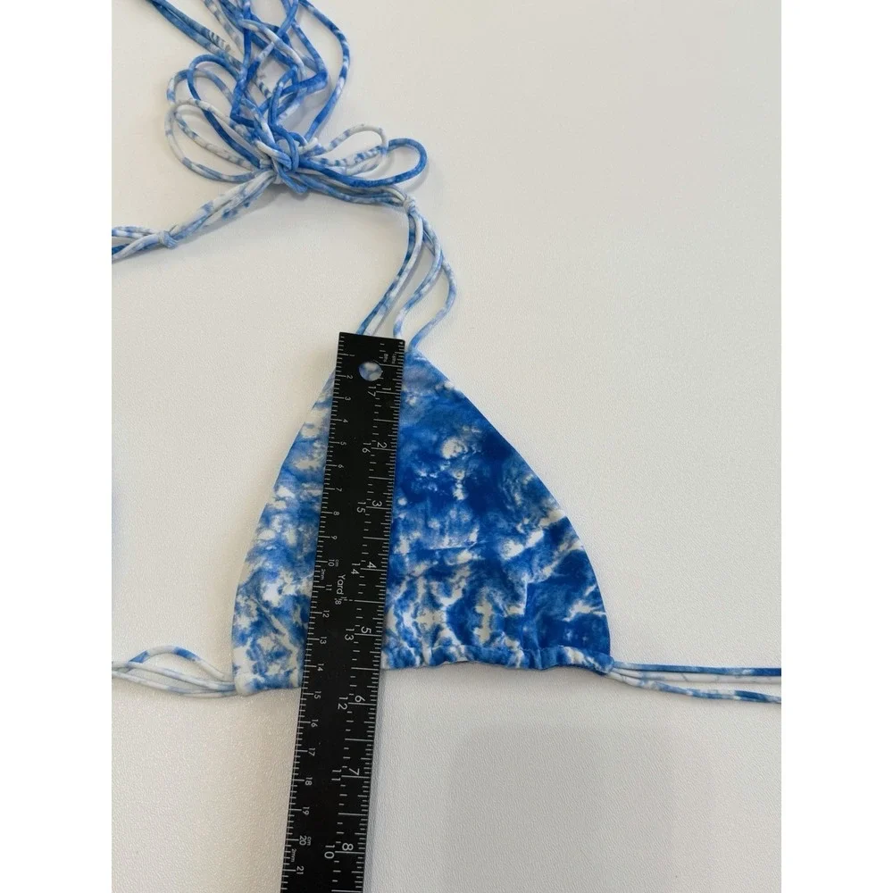 Mikoh Blue White Wave Tie Dye Triangle Bikini Top Strappy Halter Swim Sz L Soft